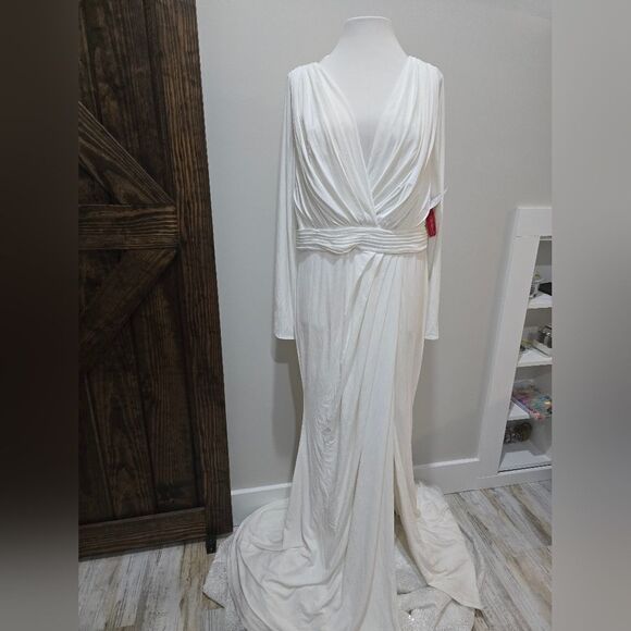 Mac Duggal 26554 V-Neck Long Sleeve High Slit Gown NWOT size 14 White - Picture 3 of 6